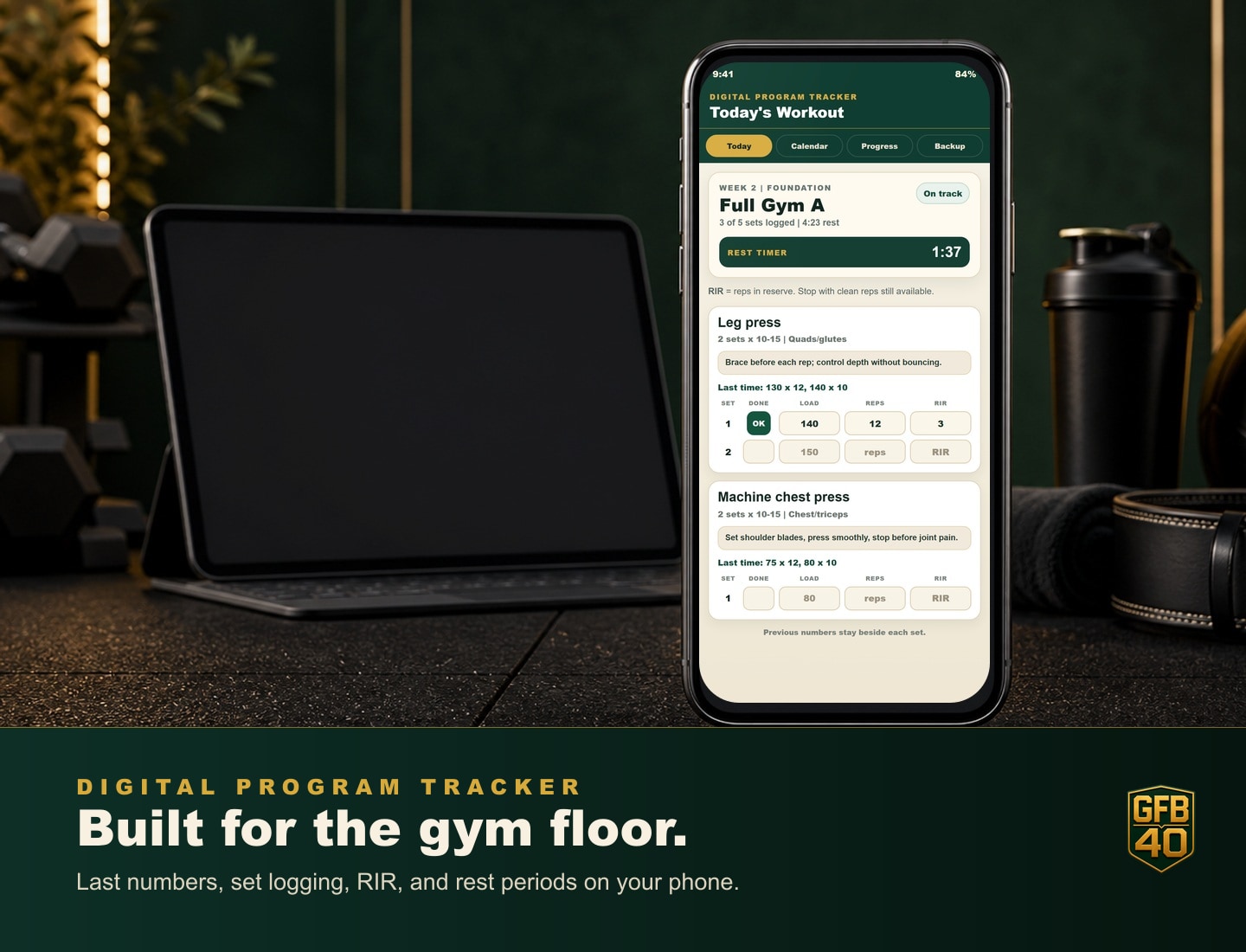 Digital Program Tracker shown on desktop and phone workout logging screens